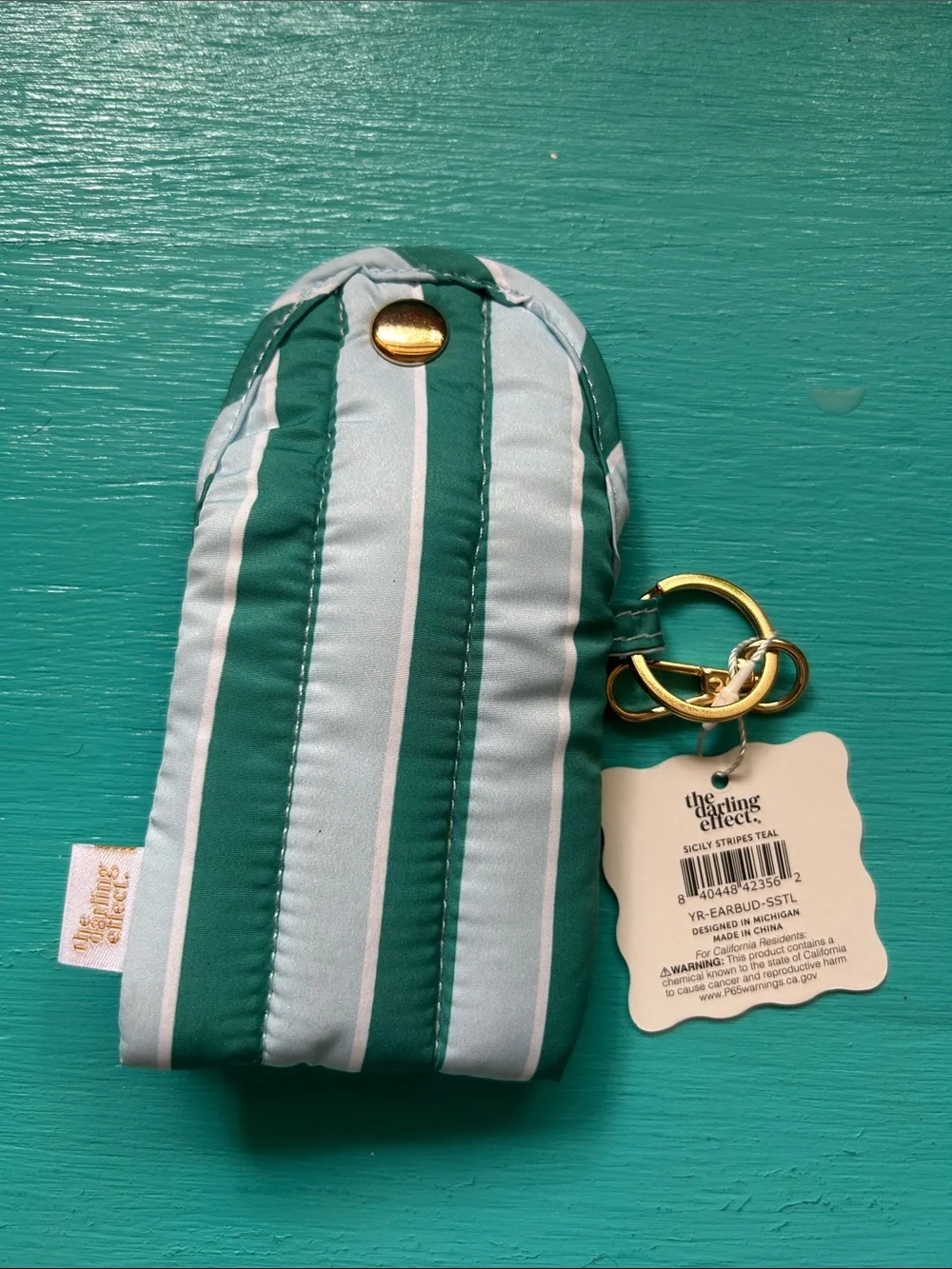 The Darling Effect Green Striped Puffy Earbud Case Keychain